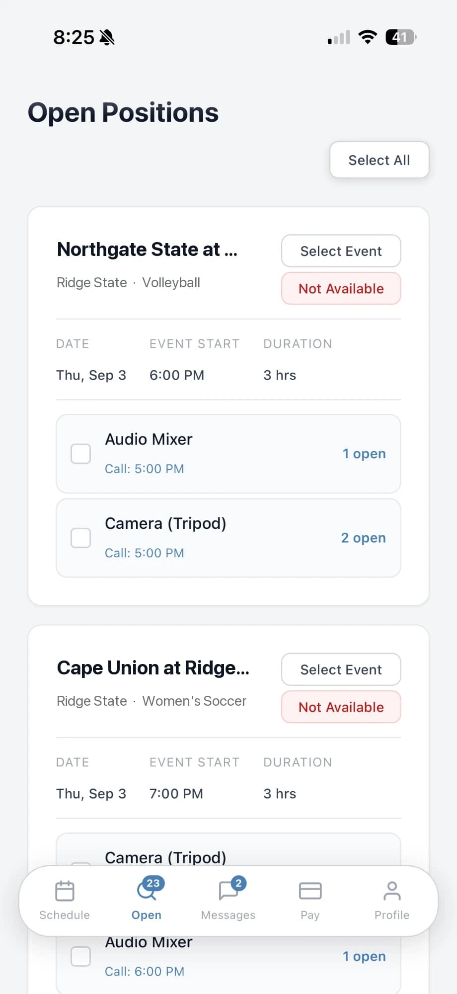 Open positions across upcoming events, each role showing its call time and how many slots are left
